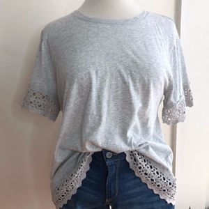 Ann Taylor Loft Gray Crochet Lace Trim Tee